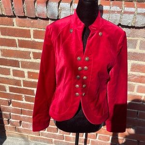 Chelsea and Theodore red velvet jacket